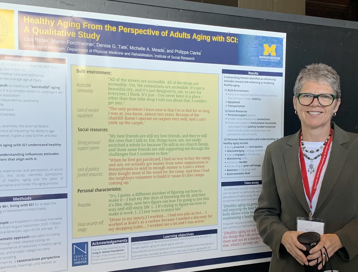 UMDisabilityCtr's tweet photo. Our center is at #summitPVA! @lisa_reber_ presented her poster on #HealthyAging from the perspective of adults aging with #SCI. Her study shows that the built environment, social resources, and personal characteristics can enhance or hinder healthy aging. https://t.co/UxU45kz2o4