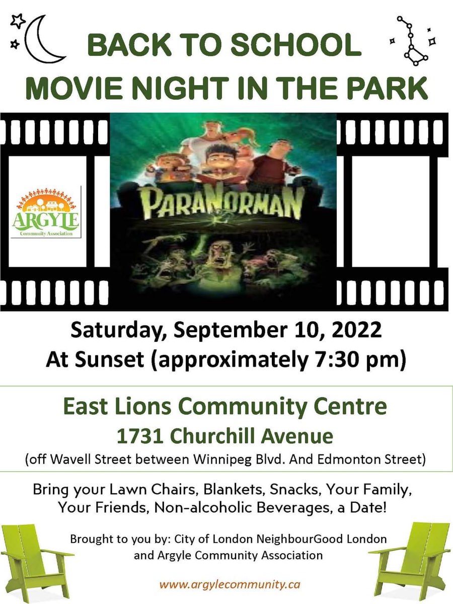 Save the date - Saturday, September 10 - Sunset! (approx 7:30pm)
Celebrate the first week back to school with a family fun evening out. Join us for Movie in the Park Night at East Lions Park! 
#LdnOnt #MovieinthePark #EastLondonOntario #FamilyFun