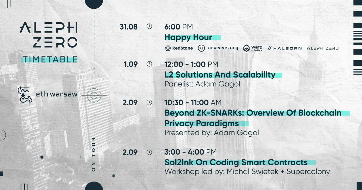 Aleph__Zero's tweet image. Today, we&apos;re en route to @ETHWarsaw! 🚀

It&apos;s high time we summarize what the $AZERO team will be up to during the conference. Below you will find our itinerary for the next few days. 

See you there! ✌️