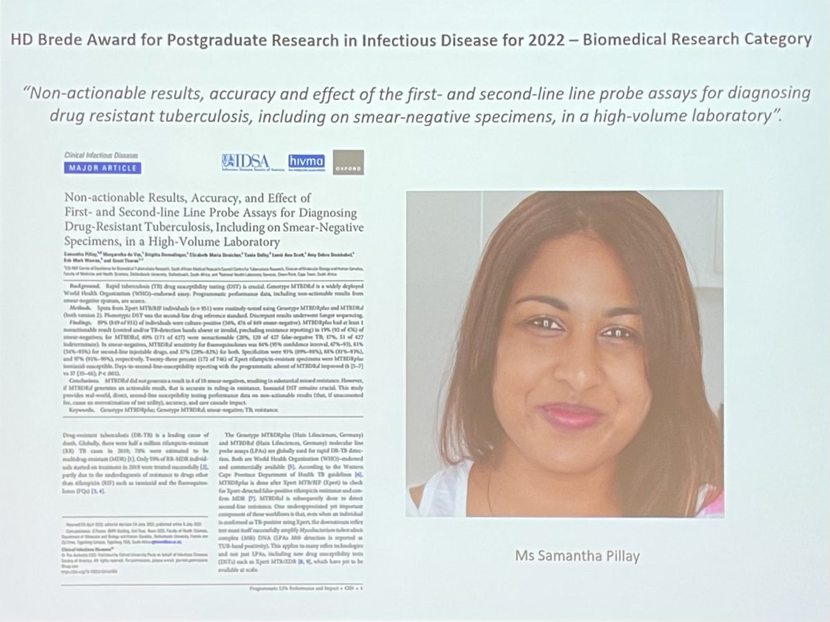 SuMBHG's tweet photo. #BragPost
MBHG PhD student Ms Samantha Pillay within the CLIME research group was awarded the @SUhealthsci HD Brede Award 2022: Biomedical Research category 🏆

The award is presented to a postgraduate student who has demonstrated good quality TB research via publication record https://t.co/P7lEOaBvmG