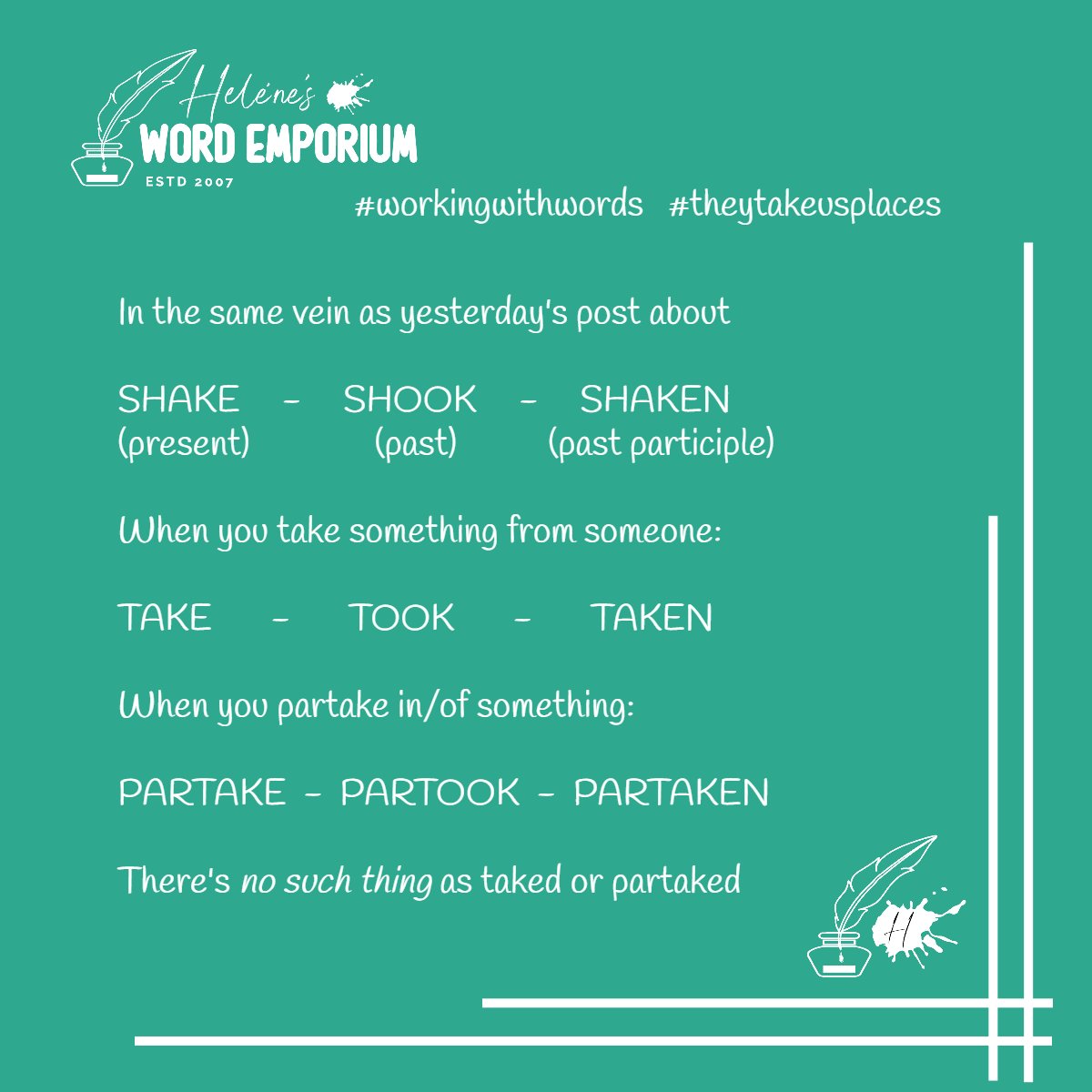 HeleneTranslate's tweet photo. Some private reactions to yesterday's fun post about shake - shook - shaken made me realise, again, that English is actually very few people's mother tongue. If the joke about 'shaked' helped you, perhaps posts like these may be handy: https://t.co/5lEsl4DspG
#irregularverb https://t.co/TF6RLe6Ph4