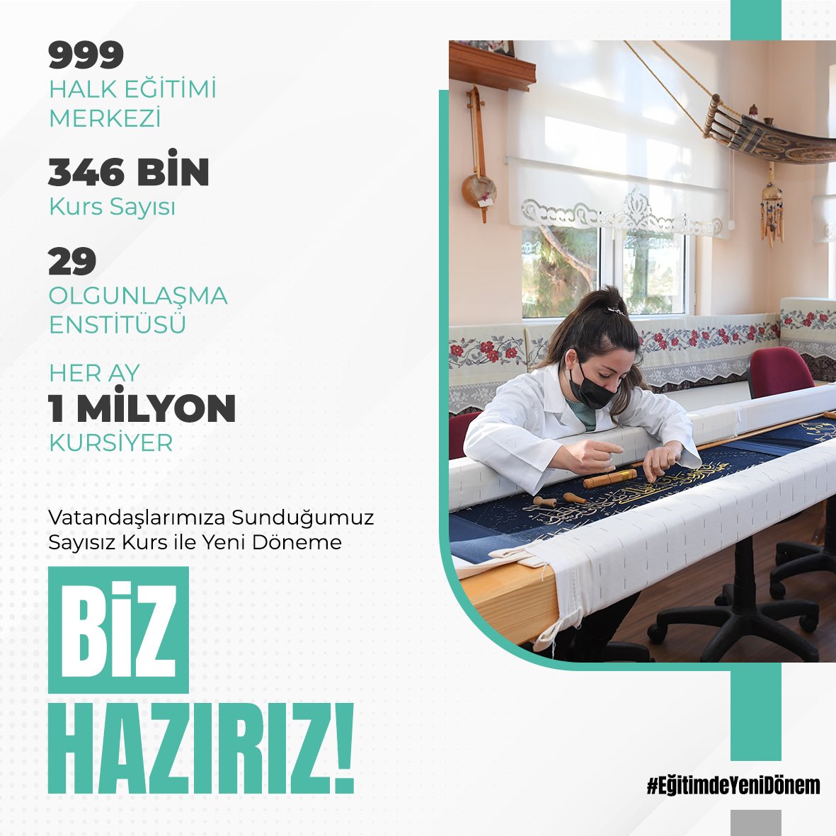 mugla_mem's tweet photo. HAYAT BOYU ÖĞRENME KURUMLARIMIZ İLE SAYISIZ KURS İMKANI ✅

Halk eğitimi merkezlerinden her ay 1 milyon kursiyer yararlanıyor. 999 kurs merkezindeki binlerce kurs vatandaşlarımızı bekliyor. 

📍Biz Hazırız
@tcmeb @emrecay55 https://t.co/ZO5yTV3AeA