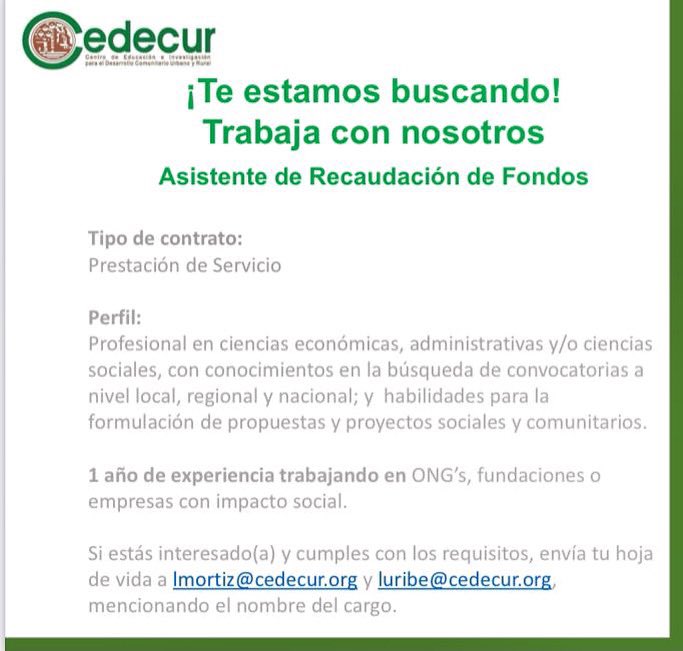 cedecurorg's tweet photo. ¡Trabaja con nosotros!

📩Envíanos tu hoja de vida si cumples con el perfil a: luribe@cedecur.org 

 #trabajaconnosotros #trabajocali #cooperacióncol  #TrabajoSiHay https://t.co/AfFZDG1qtV