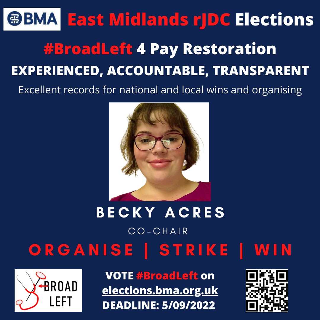 Dr_R_Acres's tweet photo. Just a reminder that elections for your @BMA_JuniorDocs Regional Junior Doctors Committees are ongoing and close on Monday (5th September).
I would appreciate your vote and vouch for all of the candidates below.
#VoteBroadLeft
#BroadLeft4PayRestoration https://t.co/E1wmyStIZ9