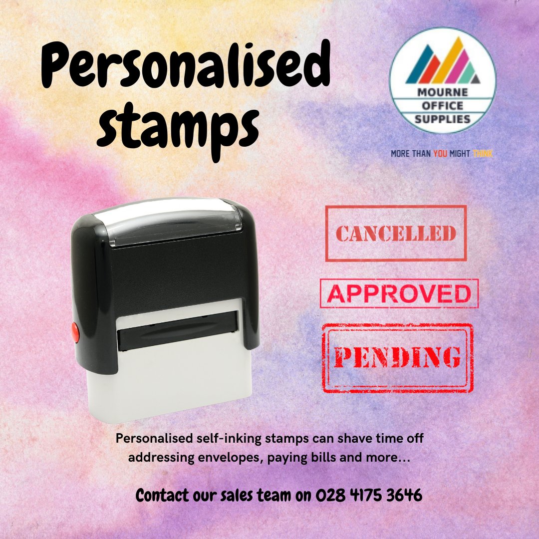 MourneOffice's tweet photo. Personalised stamps are the perfect solution!

Shave time off addressing envelopes, paying bills and more. Add your initials, business name or return address for professional correspondence. 

Contact sales to order!
📞  028 4175 3646 
💻  sales@mourneofficesupplies.com https://t.co/9ewaicA0OX