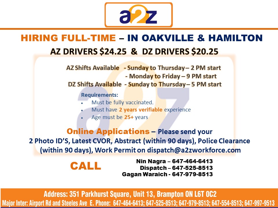 a2z_workforce13's tweet photo. Hiring Full-time in Oakville and Hamilton
AZ DRIVERS
Monday - Sunday shifts available
If interested, please contact us.
#hiring #azdrivers #oakville #hamilton https://t.co/AWWXL3qMjf