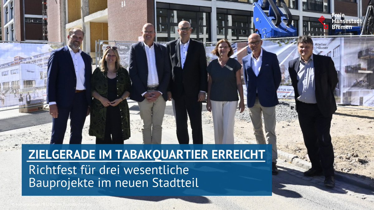 RathausHB_news's tweet photo. Für den "Alten Tabakspeicher II", die "Speicherlofts" und die "AtelierHäuser" wurde heute Richtfest im #Tabakquartier gefeiert. 222 Wohnungen sowie insgesamt nahezu 23.000 Quadratmeter Fläche für Büros und Gewerbe entstehen hier.
➡️https://t.co/TJNvTjdL8o https://t.co/oCkNx7mE9U