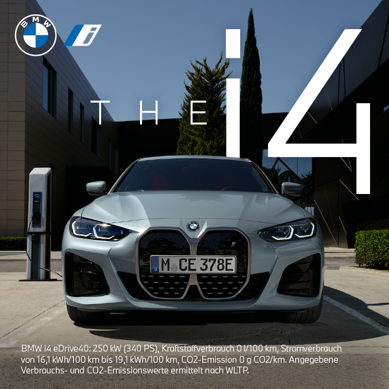 BMW_Austria's tweet photo. Dein idealer Gefährte für jede Strecke. THE i4. ​Entdecke den BMW i4 eDrive40.