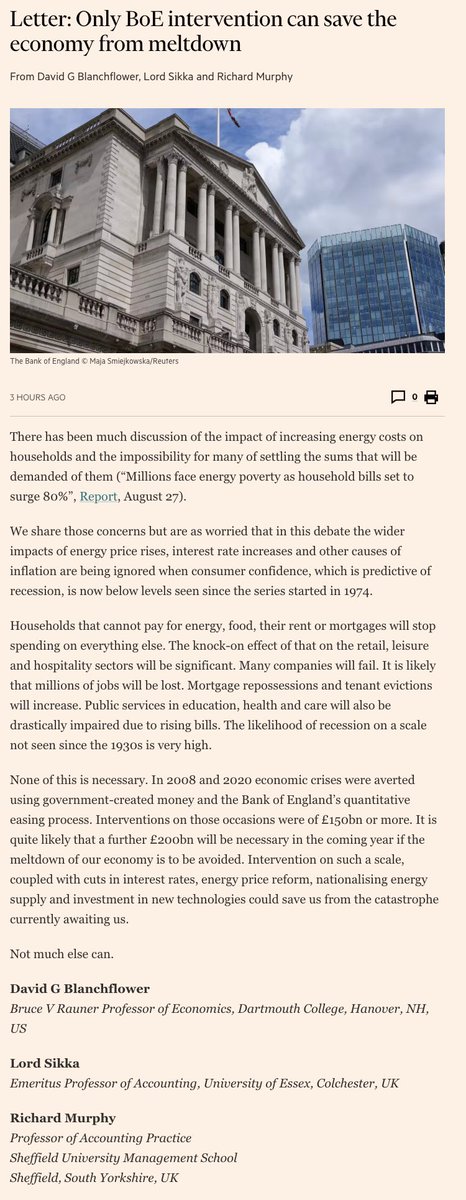 Important letter in @FT today from @D_Blanchflower @premnsikka & @RichardJMurphy. They propose 100s of £B QE intervention by the BoE to avert disaster. Perhaps the only way if politicians won’t deploy funds into the economy via the more usual route of parliament & the Treasury.