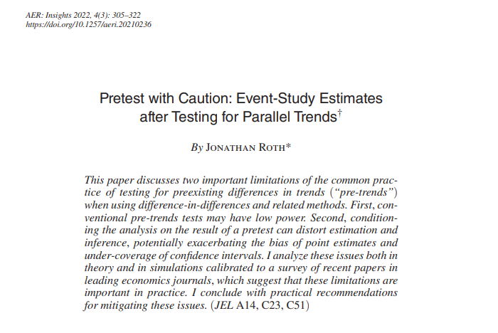 Testing for parallel trends pre-treatment: not as straightforward as you thought! pubs.aeaweb.org/doi/pdfplus/10… by <a href="/jondr44/">Jonathan Roth</a>