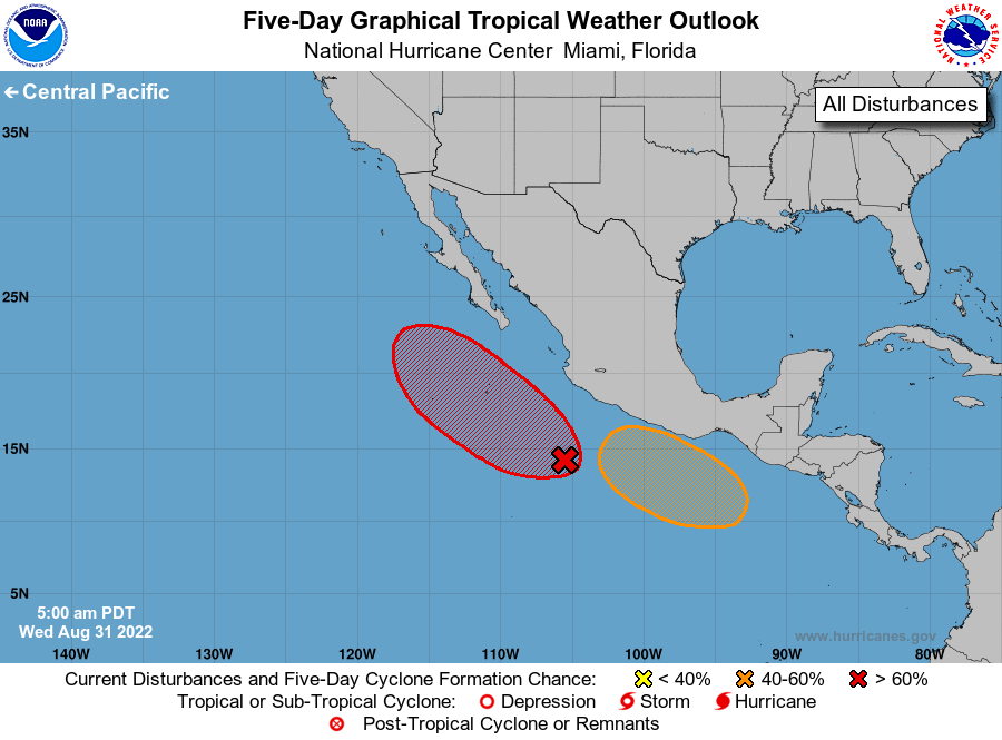 5 am PDT Aug 31: We are currently monitoring two systems along the Mexican coast.  The northern disturbance is expected to form later this week or by this weekend and move WNW or NW offshore of SW Mexico. For more: hurricanes.gov