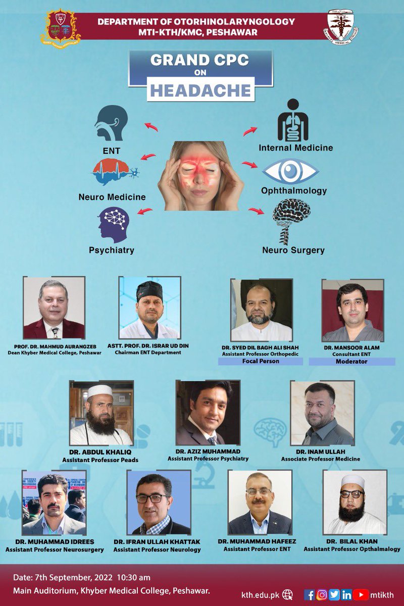 mtikth's tweet photo. Knowledge sharing is #KTH in-build culture!
Department of Otorhinolaryngology – KTH has organized grand CPC on ‘HEADACHE’ as on 7th of September, 2022 - 10:30 am at #KMC main auditorium.
Don’t miss-out this learning platform!
#GrandCPC #Headache #Compassionate #Care https://t.co/UIVd3IE7KF