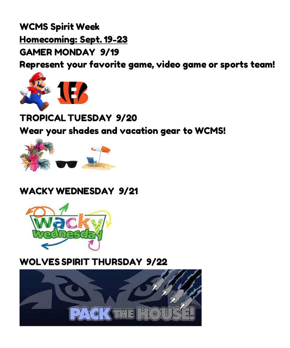 WCMSChoir's tweet photo. The first WCMS spirit week is coming up for homecoming! #WCWolves https://t.co/Ldm9Lbb5Ij