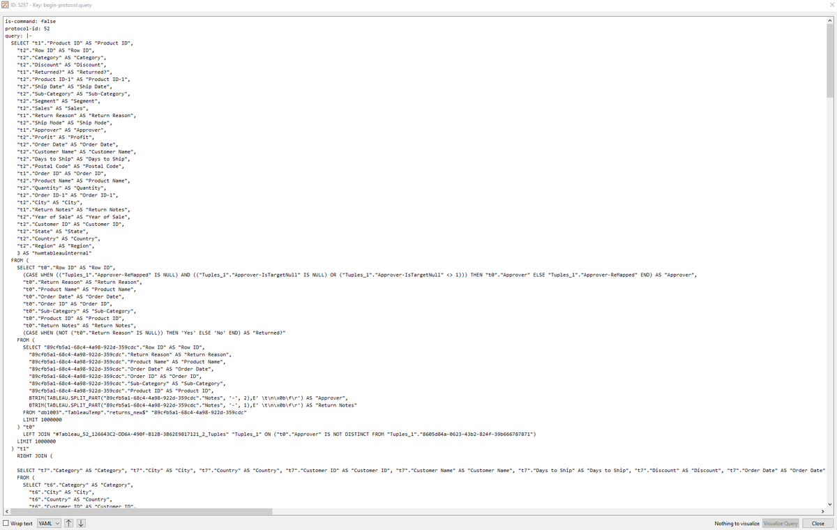 If you're curious exactly how <a href="/tableau/">Tableau</a> Prep is transforming the data in the Superstore sample flow, here's a snippet of the SQL statement it produces.

You can use Tableau Log Viewer (github.com/tableau/tablea…) to take a peek under the hood of your Desktop vizzes or Prep flows.