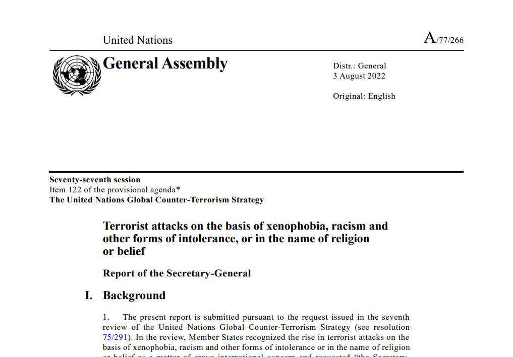 Happy to share that the UN report on 'Terrorism on the basis of xenophobia, racism and other forms of intolerance, or in the name of religion or belief' is out!