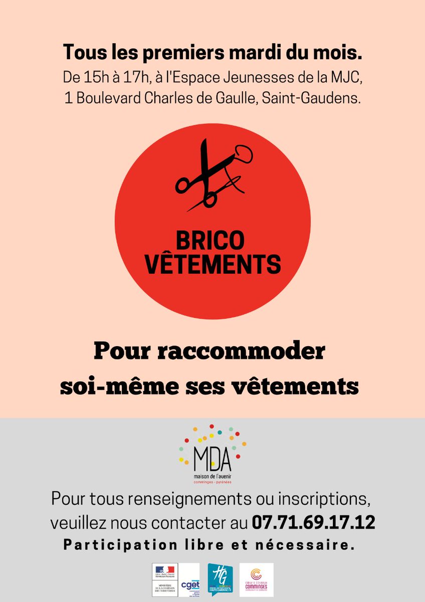 L'atelier #bricovêtements, reprend mardi prochain !  ✂️👗 🧵
📌 RDV le 06/09 de 15h à 17h à l'Espace jeunesse de la #MJC pour l'atelier #réparation !
👉 Infos et inscription au 07 71 69 17 12