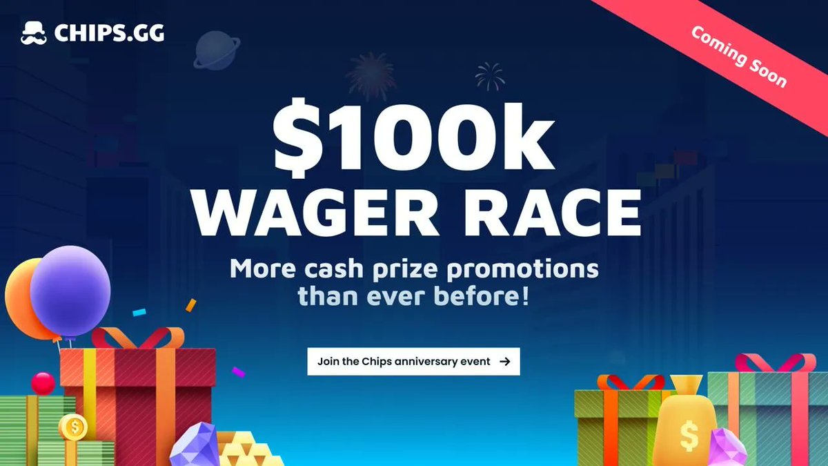 chipsgg's tweet photo. There’s less than 24 hours to go until Chips anniversary celebrations begin 🎉

🏁 $100k Anniversary Wager Race
💰 $10,000 Slot promotions
🎰 Las Vegas Raffle event

➕ more!

Let us know what you are looking forward to in the comments 🗣

Sign up now at https://t.co/TijrNq38fp https://t.co/99bdRRWqqM