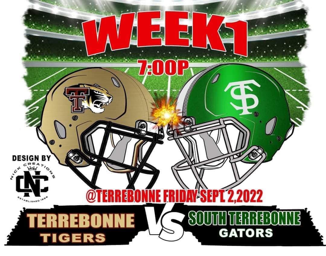 Recruit_Tbonne's tweet photo. Game week! Our Terrebonne Tigers will take on South Terrebonne Gators in Tom B Smith Stadium this Friday. Kickoff time is 7pm. https://t.co/EtObqDNX45