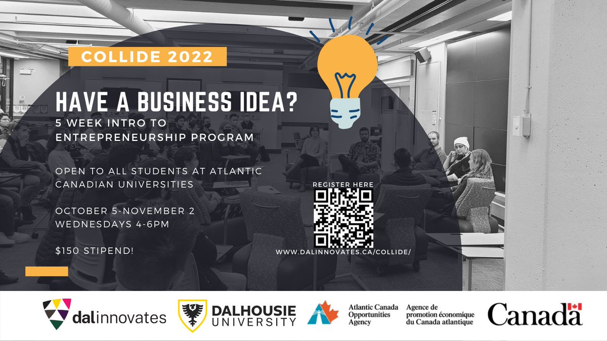 Interested in entrepreneurship but don't know where to start?  Collide applications are now open! 🗳

Join for this five-week intro to entrepreneurship program. Open to all faculties! No start-up idea necessary. Plus, you get a $150 stipend! 

Apply: dalinnovates.ca/programs/explo…
