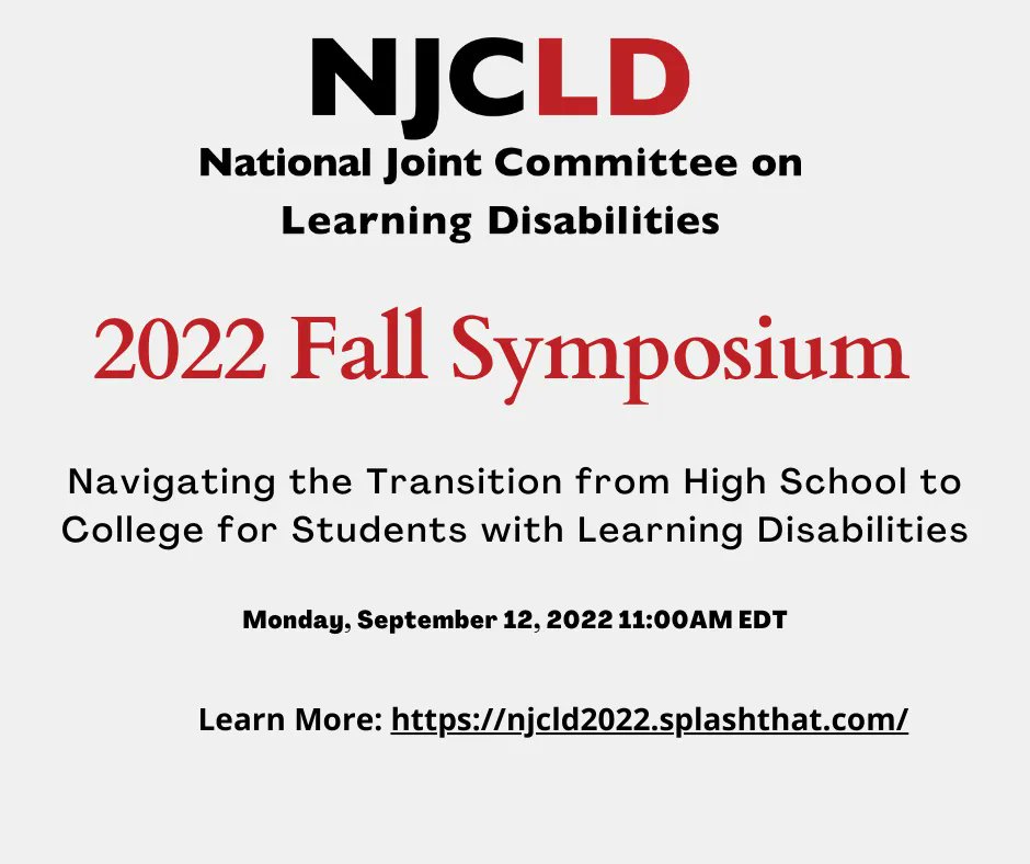 Monday September 12th the National Joint Committee on Learning Disabilities is hosting their fall webinar focused on unique challenges students with learning disabilities face when they advance to postsecondary education. Register: bit.ly/3ThFJG1