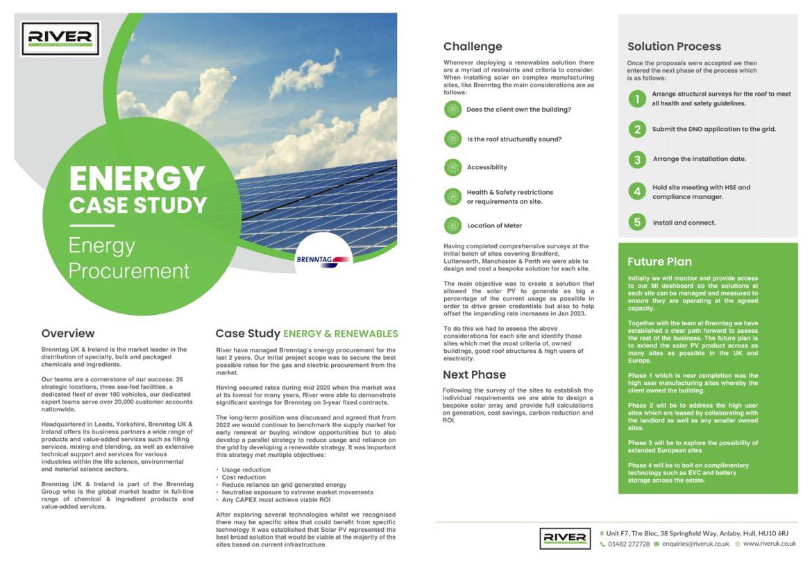 For each and every Energy Procurement project we deliver, we ensure we follow a step by step process to ensure a seamless experience for our clients. 

Have a look at a recent case study featuring <a href="/Brenntag/">Brenntag</a>.

#gogreenriver #energyprocurement