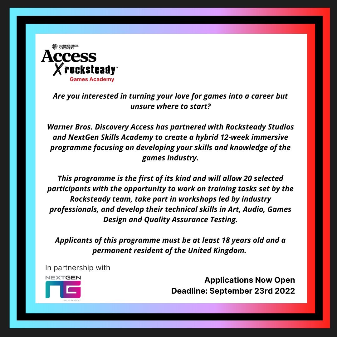 RocksteadyGames's tweet photo. Living in the UK and interested in a career in gaming? We’ve partnered with @WBDAccess and @ngenacademy to create a course to help 20 people develop their skills and knowledge of the games industry.

For more information, head on over to https://t.co/L2RsMAtVdL https://t.co/QoR7o2KKpb