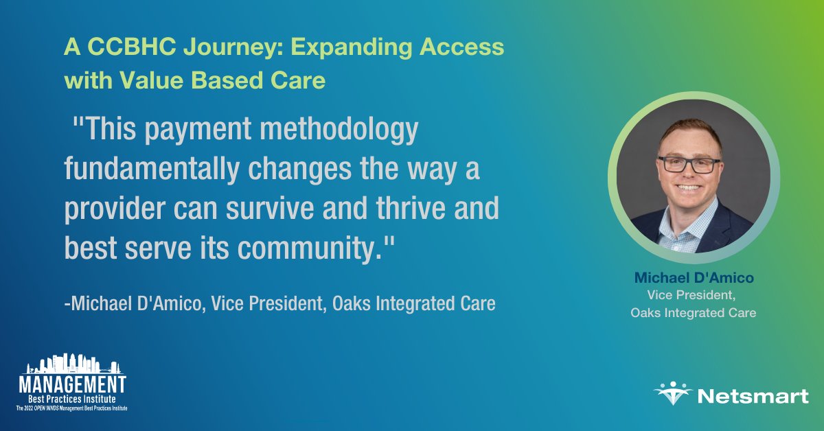 NetsmartTech's tweet photo. Join Keith Boushee, Michael D’Amico and Crystal Rutter today as they expand upon how @OaksIntCare is thriving with value-based care as part of their CCBHC journey. #OMBestPractices

@openmindscircle https://t.co/OlFjuoT8iS
