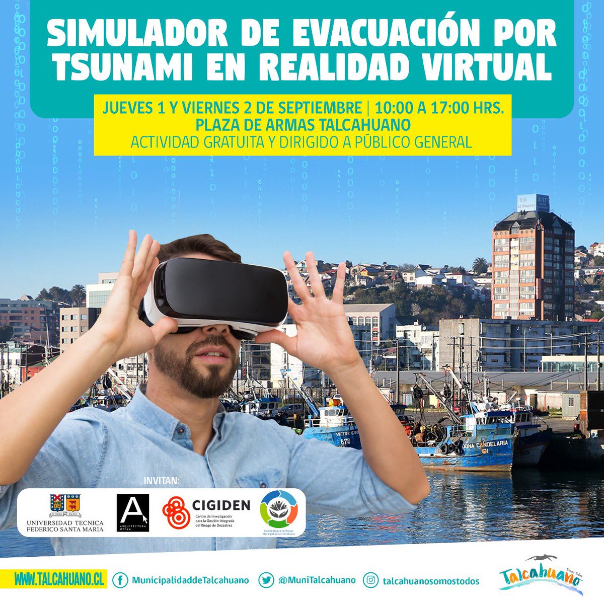 rtalcahuano's tweet photo. Todos Invitados. ¿Quieres vivir una experiencia de evacuación por tsunami en realidad virtual? Ven a la Plaza de Talcahuano jueves 01 y viernes 02 de septiembre y participa. 

🗓️Jueves 1 y Viernes 2 de Septiembre
🕑10:00 a 17:00 horas
📍Plaza de Armas

✅Actividad Gratuita https://t.co/zn5QIwz6XE