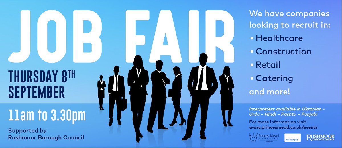 Princes_Mead's tweet photo. Save the date for our Autumn #JobFair! Businesses looking to recruit in #Construction #Healthcare #Administration #Catering #Retail and more! It's free with interpreters here to help #Ukranian, #Hindi, #Urdu, #Pashtu &amp; #Punjabi! 

@RushmoorCouncil @JCPinHants_IOW @farnboroughtc https://t.co/AoySaX7wcL