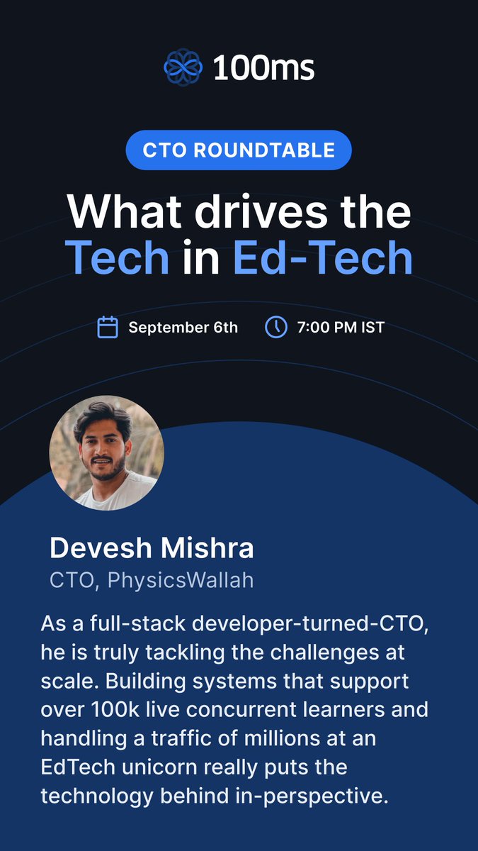100mslive's tweet photo. 🙋‍♂️ Introducing #CTORoundtable Panelist: Devesh Mishra, CTO at PhysicsWallah (@PhysicswallahAP)

🚀 A full-stack developer-turned-CTO who still codes and is solving big-scale problems with cost-effectiveness.

Register now:
https://t.co/xBbeeL5SCD https://t.co/uf7WHDEdht