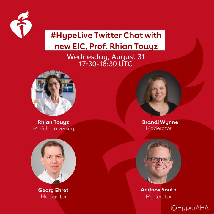 HyperAHA's tweet photo. You don't want to miss this!!!

~~ToDaY~~

Please join @brandimwynne @georgehret and @asouth_neph for a #HypeLive Twitter Chat with our new EIC, Prof. Rhian Touyz @LabTouyz

August 31, 17:30-18:30 UTC

Drop your unique questions below https://t.co/IjCy11sy24