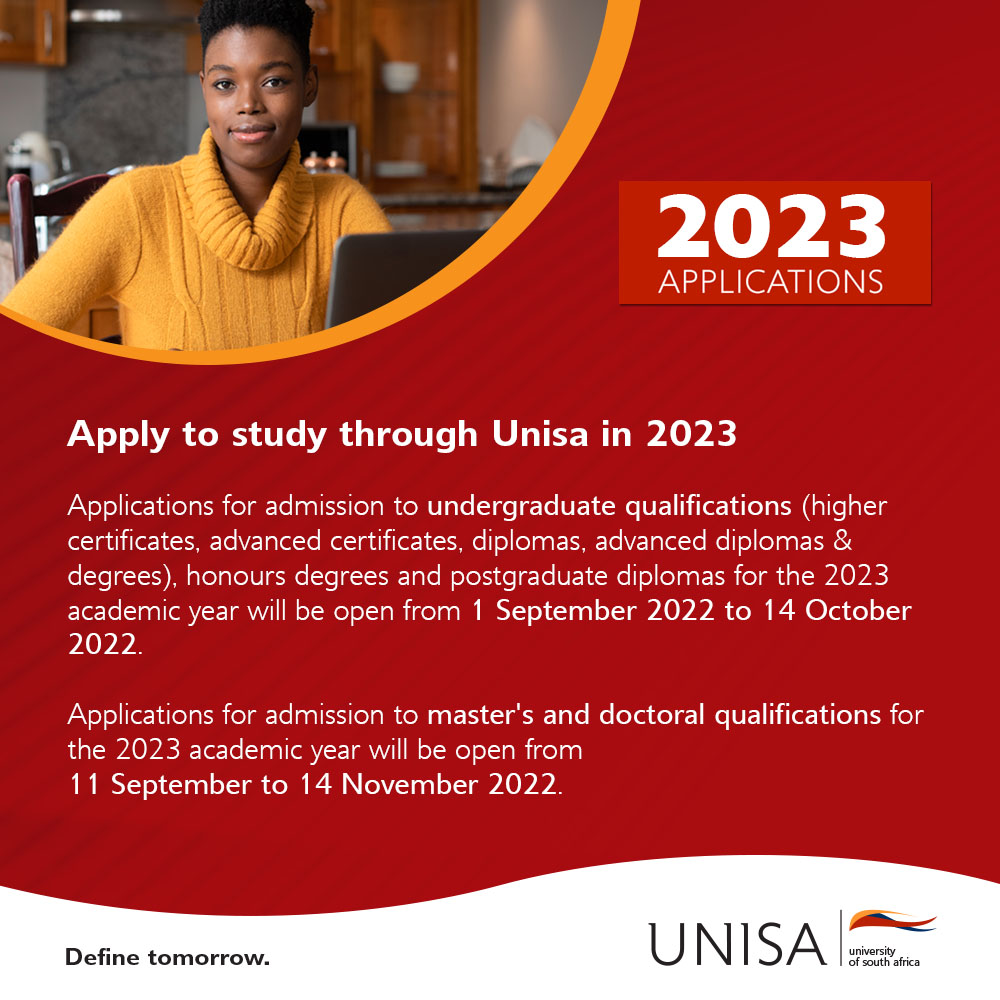 unisa's tweet photo. Applications for admission to study through Unisa in 2023 open on 1 September 2022 for undergraduate qualifications, honours degrees and postgraduate diplomas. https://t.co/NlDJ8VP9GV https://t.co/jINBRA9pMp