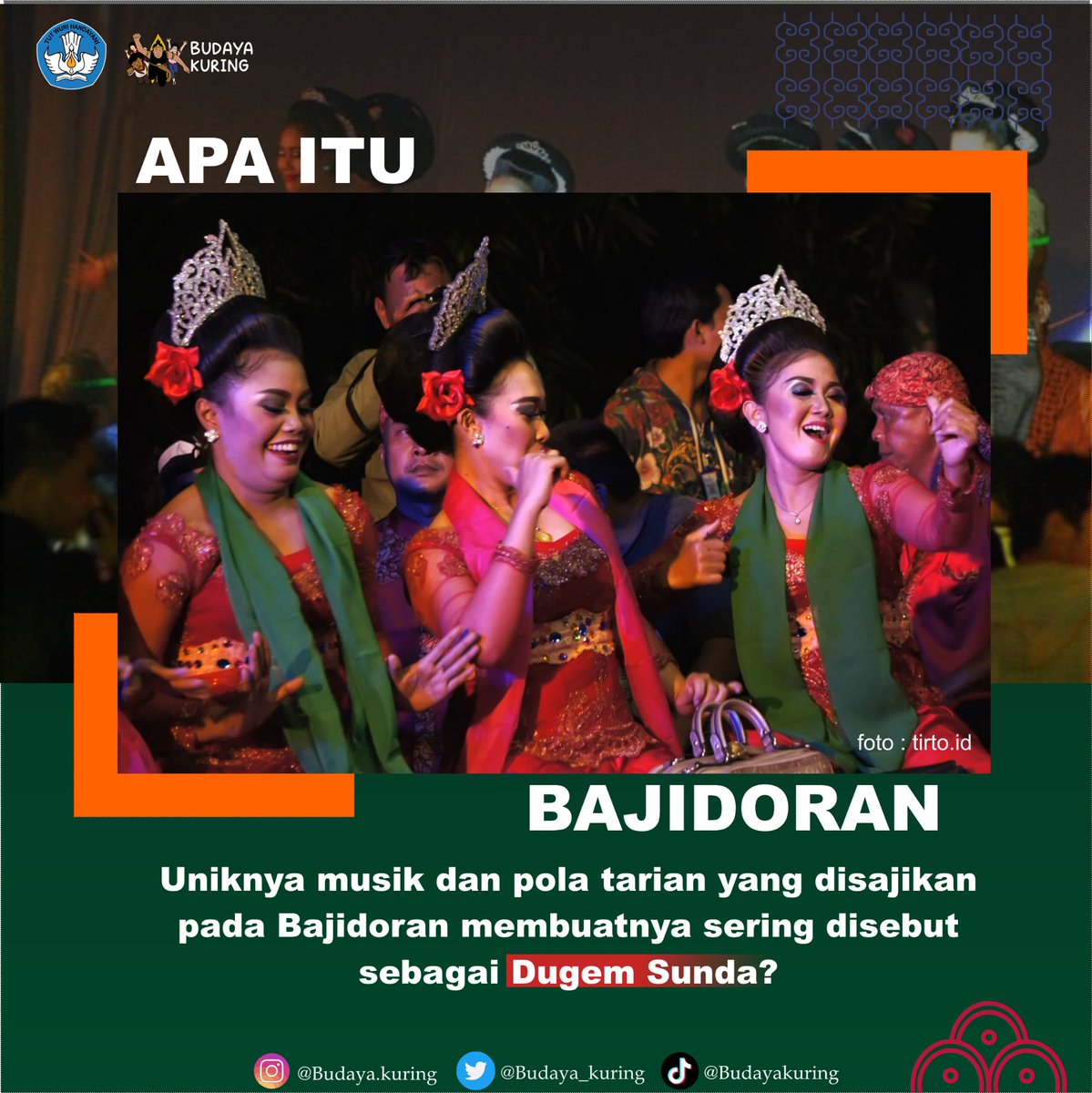 budaya_kuring's tweet photo. Bajidoran

Beberapa orang bahkan menyebutnya sebagai dugemnya orang sunda karena pertunjukannya yang ramai? Benarkah begitu ?
Kangmin mengulasnya sedikit tentang seni Bajidor pada gambar ya..

Baraya ada yang suka menyaksikan acara bajidor seperti kangmin juga engga ? 😊🙌 https://t.co/tjYF24EWz3