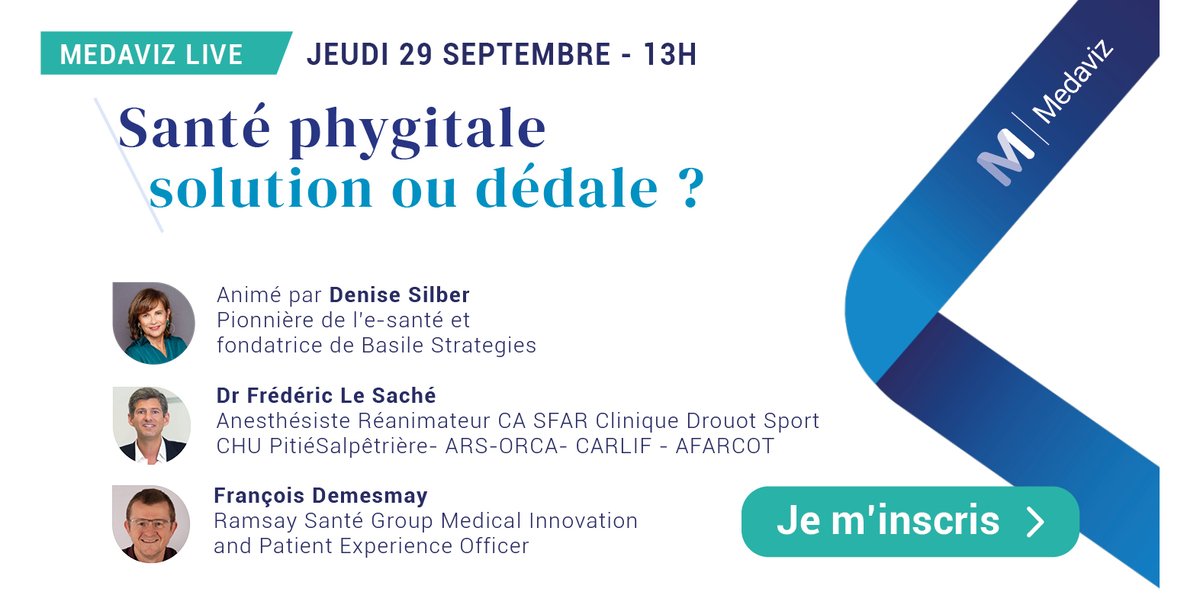 Medaviz_'s tweet photo. 📢 [Webinar] Santé #phygitale, solution ou dédale ?  Avec Denise Silber @health20Paris, @FDemesmay  et Dr @FredericLeSache.

📅 Rendez-vous jeudi 29 septembre de 13h à 14h 
👉 Inscrivez-vous : https://t.co/yRACEGBVBp

Venez assister et prendre part aux échanges ! https://t.co/MXjGveL9Rp