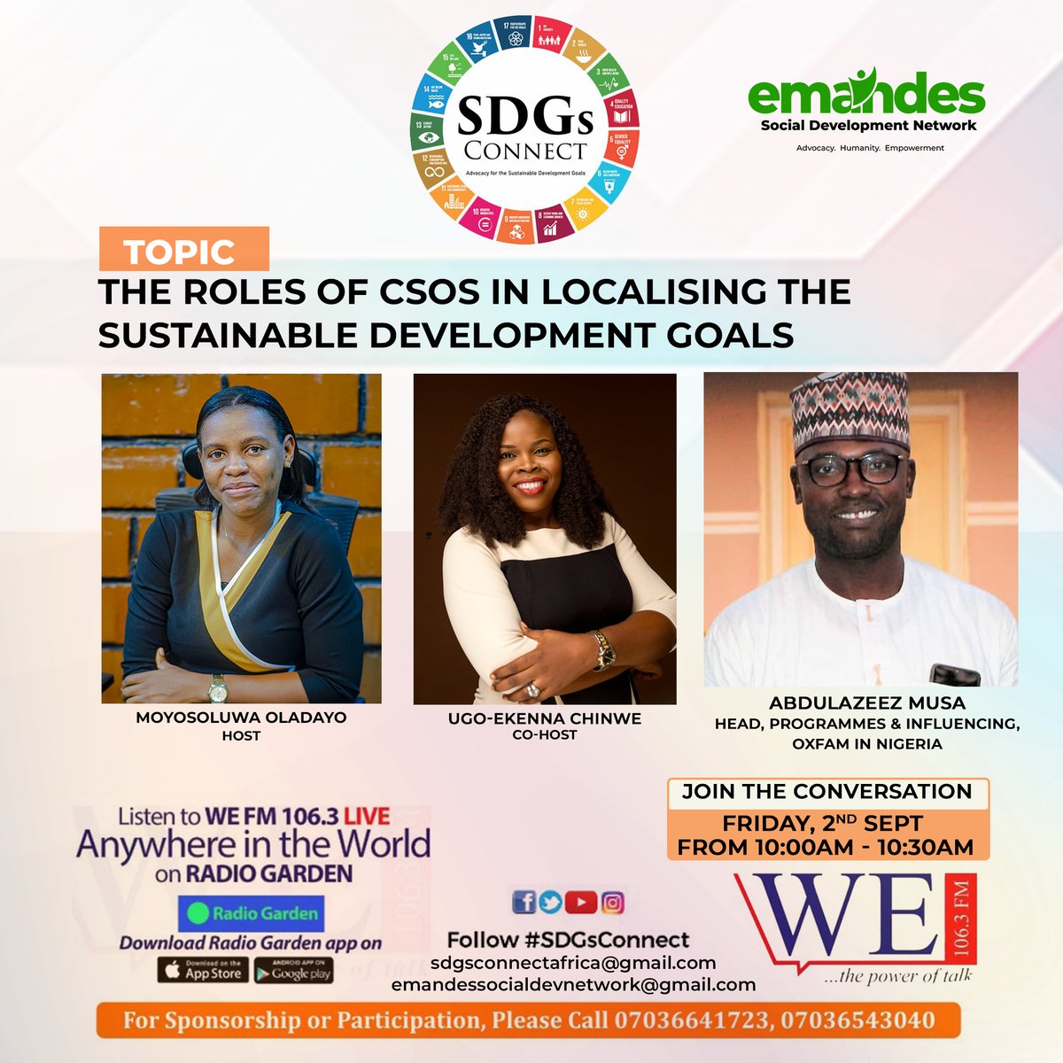 connect_sdgs's tweet photo. The critical roles &amp; responsibilities that CSOs play in implementing the universal framework of the SDGs at the local level cannot be overemphasized. Join us live this Friday as we discuss with our guest; #abdulazeezmusa the head, programs &amp; Influence of @oxfaminnigeria https://t.co/qqInQP5R9G