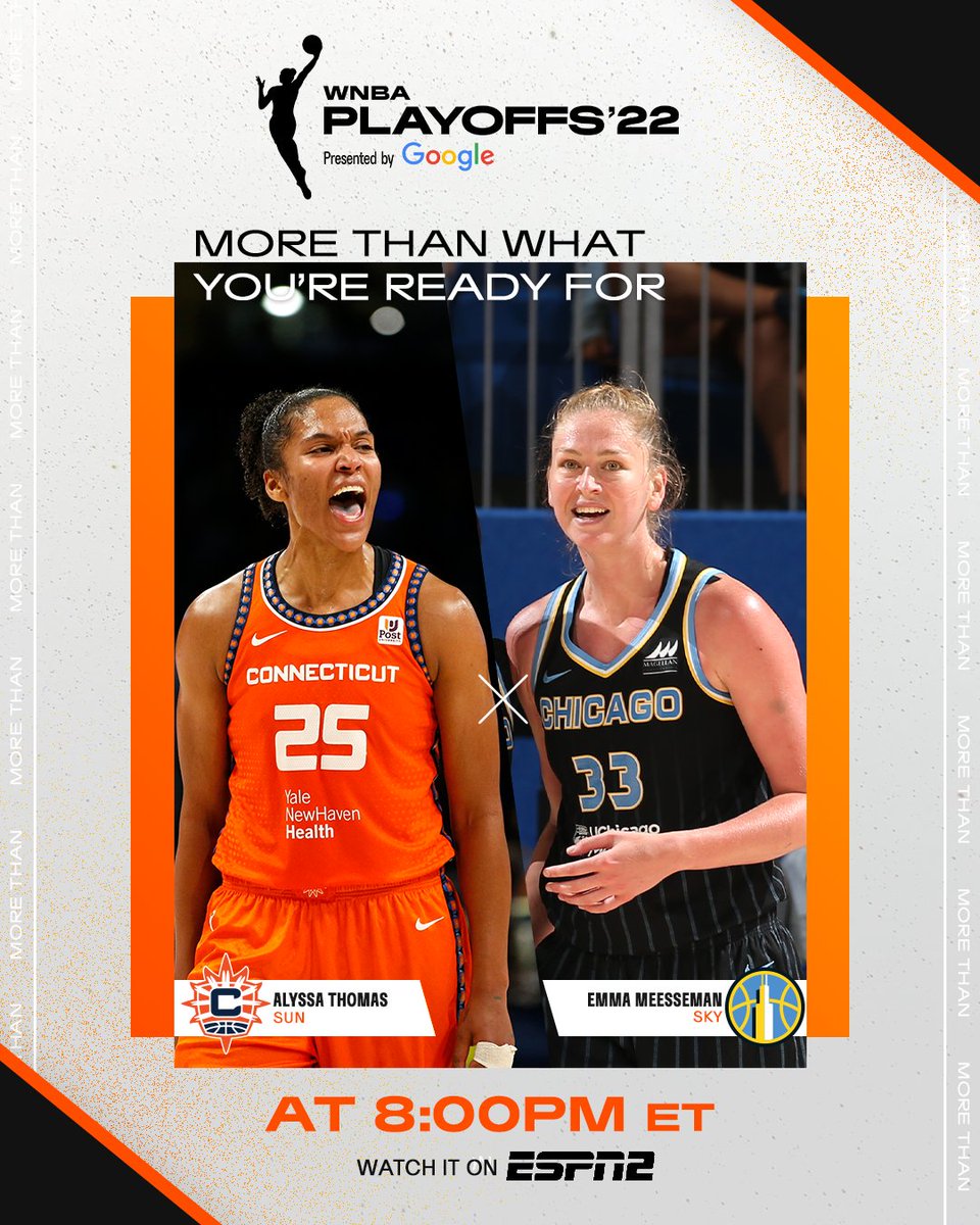 WNBA's tweet photo. The #WNBAPlayoffs presented by @Google Semifinals continue with an ESPN2 doubleheader 👏
Tune in at 8 pm/ET to watch the @connecticutsun vs. the @chicagosky followed by the @seattlestorm vs. the @lvaces at 10 pm/ET in a Game 2 Semis showdown🍿
#MoreThan https://t.co/qsRZy9HTQn