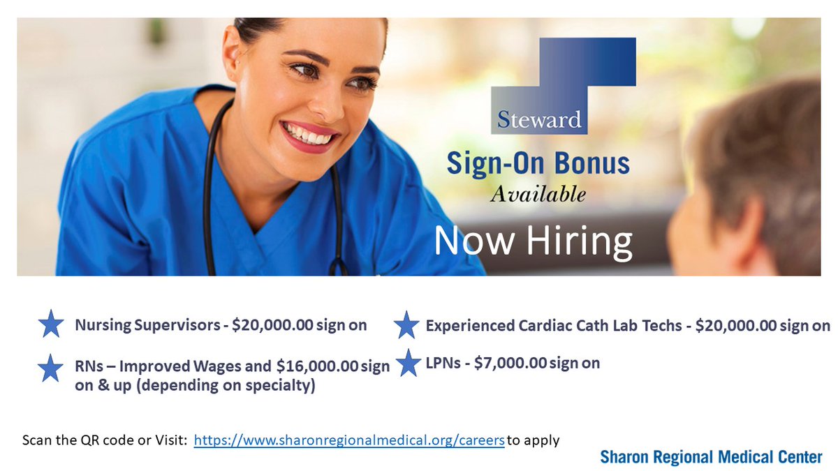 SharonRegMC's tweet photo. WE ARE HIRING and various roles have generous sign-on bonuses!  Come join our team of compassionate caregivers in providing quality care to the community.  Visit:  https://t.co/VheJqXfWqo and apply today! 

#NursingCareers #NursingSupervisor #RN #LPN #CardiacCathLabTech #LabTech https://t.co/UfN40rwSJU
