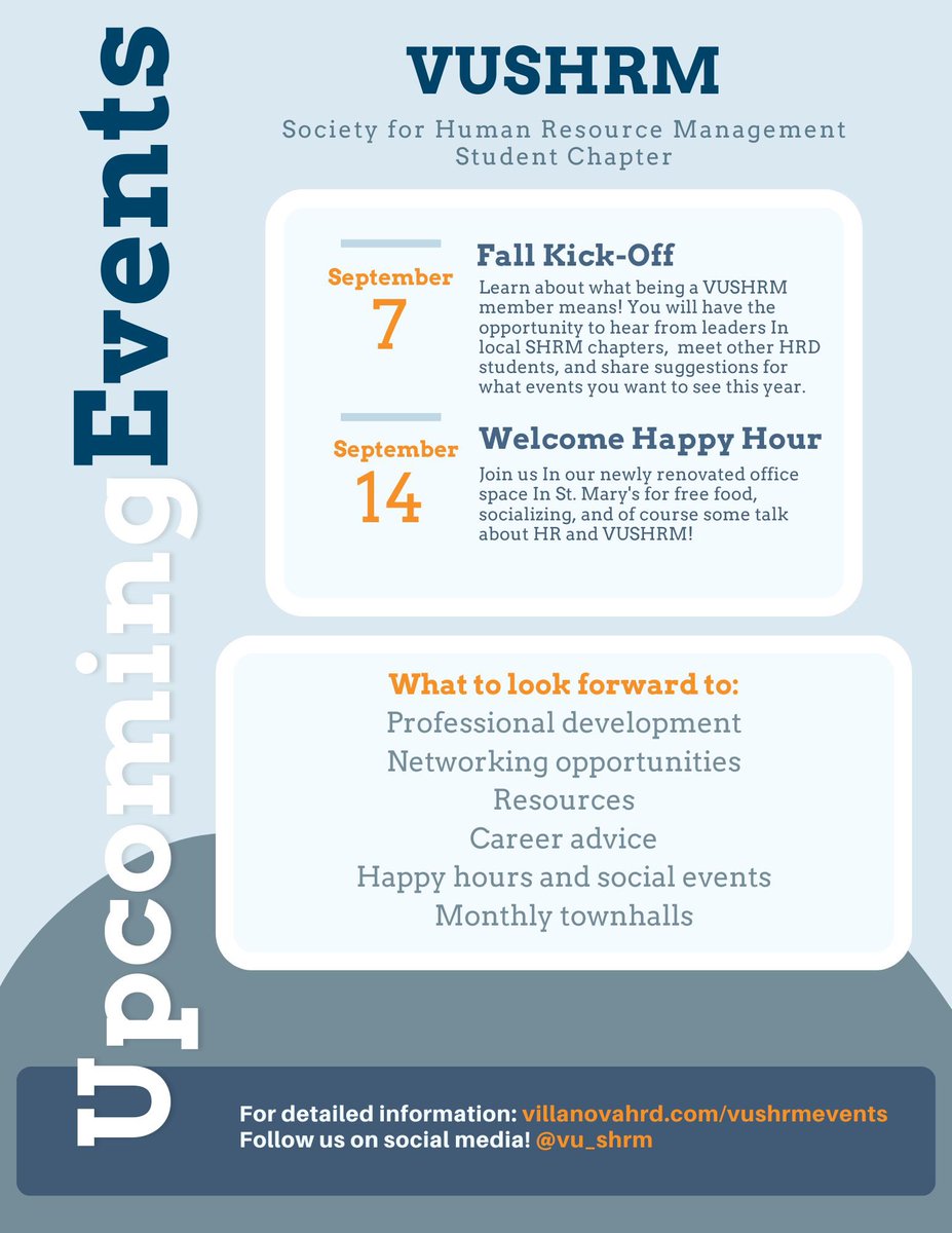 Welcome &amp; welcome back #VillanovaHRD students! Ready to advance your career, build lasting connections &amp; elevate your HR expertise? Head to the link in our bio to join VUSHRM &amp; attend the awesome events we have in store. ✌️💙