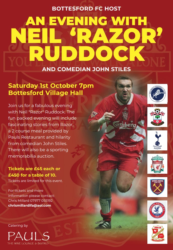 There is a coach running from Grantham for our evening with <a href="/RealRazor/">Neil Ruddock</a> To book a ticket for the event contact Chris Millard on 07977 055192. For a seat on the coach, contact Richard Crowther on 07894 934569 
<a href="/GranthamJournal/">Grantham Journal</a> <a href="/GranthamMatters/">Grantham Matters</a> <a href="/meltontimes/">Melton Times</a>