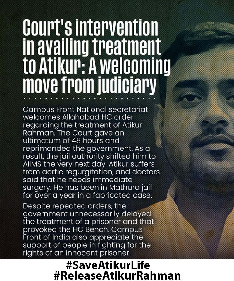 Hasmat394161Ali's tweet photo. Athikur Rehman incarcerated in the Hatras fabricated case by UP Police is a heart patient. Now his health condition has further deteriorated and he is in a critical condition with no lip movement. Judiciary should step in. #SaveAtikurLife #ReleaseAtikurRahman https://t.co/VCvQKbIQul