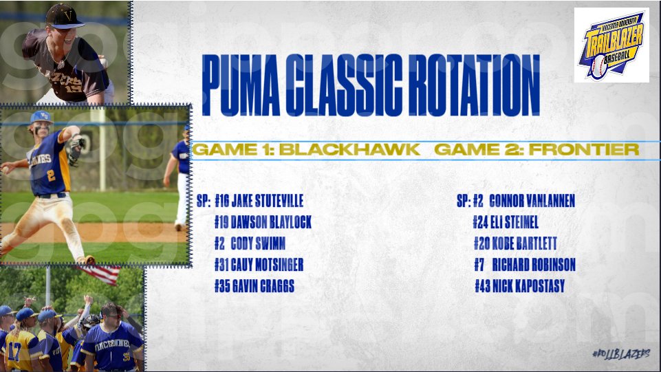 The Blazers Pitching Rotations for this years 
<a href="/bestofmwbase/">PUMA Classic</a>

The Blazers are set to play Friday, Sept. 9th @ 10am vs Black Hawk on Field D-06 and then 12:30pm vs Frontier on Field D-06

#rollblazers

@VinUniAthletics
 
@PBR_JUCO