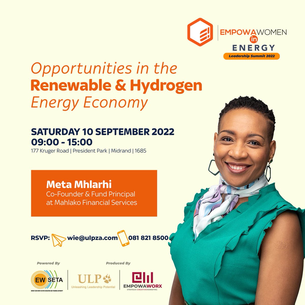 EmpowaworxEvent's tweet photo. Chairperson of the Black Energy Profesionals Association(BEPA).

Meta has been appointed on the Green Hydrogen Panel by the Minister of Trade, Industry &amp; Competition.This is only a brief summary of Ms. Meta Mhlarhi's excellence. 

A key industry player 👏🏼

#WomanInEnergy https://t.co/9xyVLwmwuI
