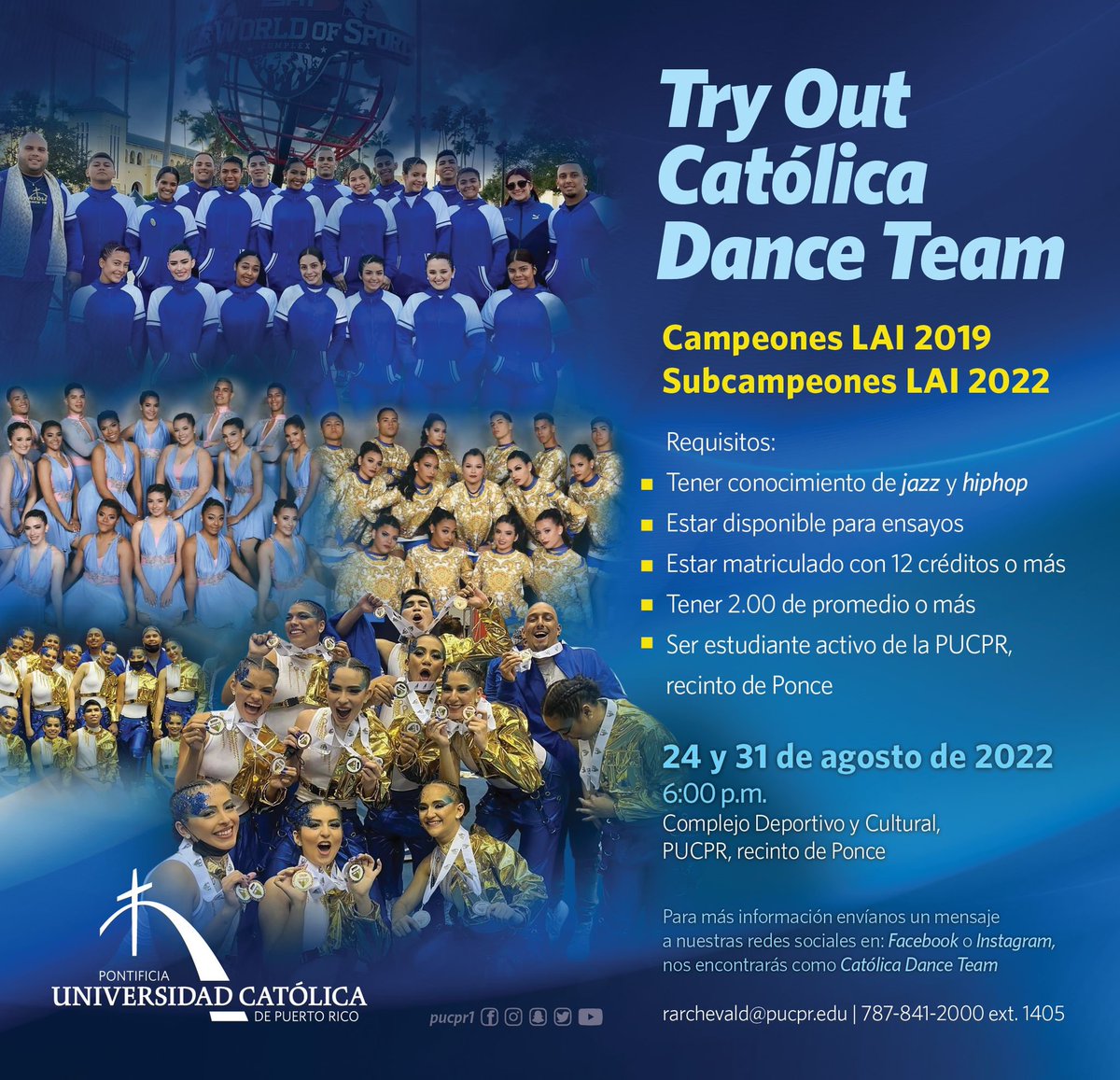 CatolicaDance's tweet photo. 🚨¡IT’S TODAY!🚨

Last chance! 

⏰ 6:00pm

📍 Complejo Deportivo y Cultural
de la PUCPR recinto de Ponce

#lai #justaslai2022 #secondplaceoverall #jazzbronzemedalist #hiphopsilvermedalist  #catolicadanceteam #pucpr #pioneros #sangreazul #fiebrepionera #dreamon #blue #white #gold https://t.co/EXaubiiMlB