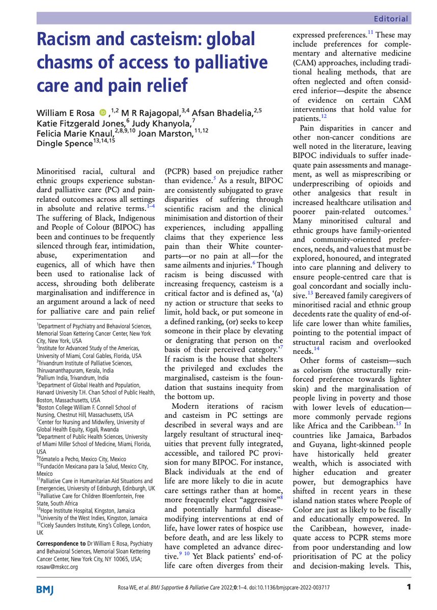 BillyRosaPhD's tweet photo. ✳️Our new @BMJ_SPCare paper: #antiracist &amp; anticasteist principles &amp; policies➡️critical to ensuring human-centered, equitable #PalliativeCare. In collaboration with @mrraj47 @AfsanBhadelia @kfjonespallnp @judy_khanyola @FeliciaKnaul @JoanPalchase @dingleja https://t.co/ZbPW7Dx86V https://t.co/NfG2k7iboA