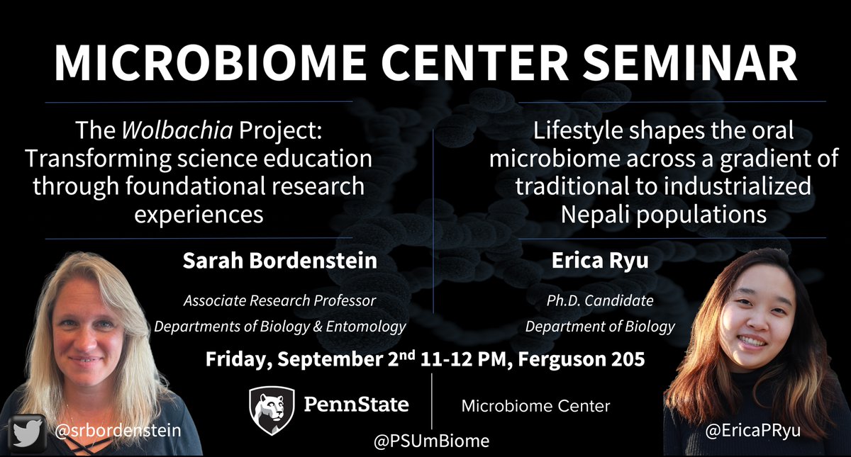 One Health Microbiome Center (@psumbiome) on Twitter photo Announcement 📢: PSU MICROBIOME SEMINAR w/
<a href="/srbordenstein/">Sarah R. Bordenstein</a> and <a href="/EricaPRyu/">Erica Ryu</a> from <a href="/PennStateBio/">Penn State Biology</a> <a href="/PSU_Entomology/">Penn State Entomology</a> <a href="/PSUScience/">Penn State Eberly College of Science</a> <a href="/AgSciResearch/">PSUAgScienceResearch</a> <a href="/huckinstitutes/">Huck Institutes</a>. Tune in Friday to hear the latest transformations in <a href="/WolbachiaProj/">Discover the Microbes Within! Wolbachia Project</a> science eduction and human oral microbiomes. Let's go! Announcement 📢: PSU MICROBIOME SEMINAR w/
<a href="/srbordenstein/">Sarah R. Bordenstein</a> and <a href="/EricaPRyu/">Erica Ryu</a> from <a href="/PennStateBio/">Penn State Biology</a> <a href="/PSU_Entomology/">Penn State Entomology</a> <a href="/PSUScience/">Penn State Eberly College of Science</a> <a href="/AgSciResearch/">PSUAgScienceResearch</a> <a href="/huckinstitutes/">Huck Institutes</a>. Tune in Friday to hear the latest transformations in <a href="/WolbachiaProj/">Discover the Microbes Within! Wolbachia Project</a> science eduction and human oral microbiomes. Let's go!