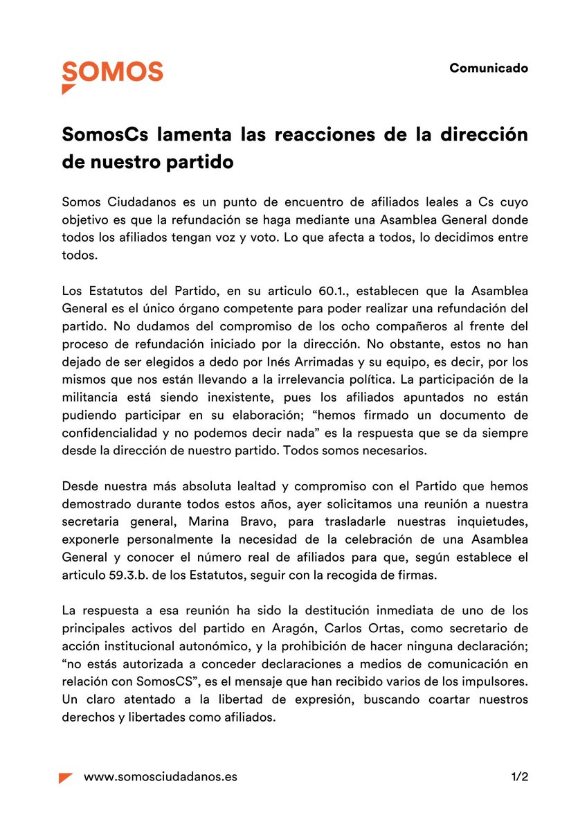 Somos_Cs's tweet photo. 🔴COMUNICADO

Lamentamos las reacciones de la dirección de Cs. Las represalias y la censura contra los afiliados no es la solución. 

La destitución de @Carlos_Ortas y los mensajes recibidos sólo hace que confirmar la deriva de quiénes nos dirigen.

#TodosSomosOrtas https://t.co/phXHIK2Iae