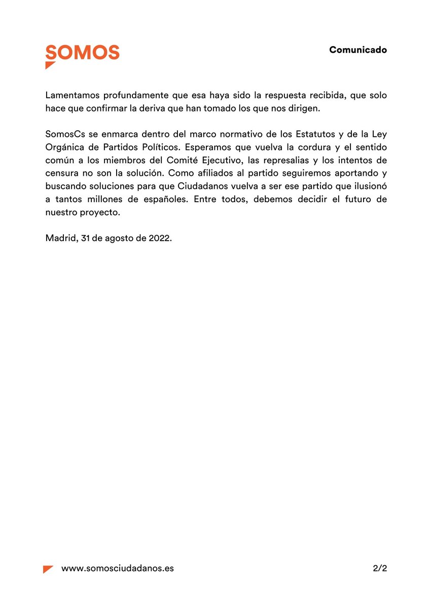 Somos_Cs's tweet photo. 🔴COMUNICADO

Lamentamos las reacciones de la dirección de Cs. Las represalias y la censura contra los afiliados no es la solución. 

La destitución de @Carlos_Ortas y los mensajes recibidos sólo hace que confirmar la deriva de quiénes nos dirigen.

#TodosSomosOrtas https://t.co/phXHIK2Iae