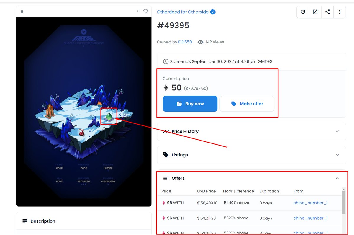 (1/2) New scam going around. Credit to <a href="/sen_eth/">Sen 🫟</a> for explaining how it works and someone already lost 50 eth. 

Here is how it all works. You will see a land listing for 50 eth with an 80-90 weth bid on it, which looks like an incredible and easy flip play especially seeing