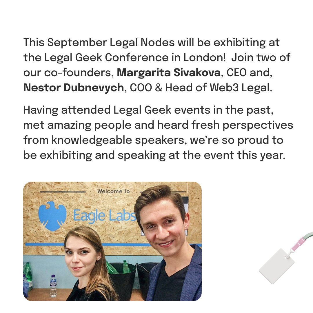 LegalNodes's tweet photo. Legal Nodes is exhibiting at Legal Geek! We're grateful to @wearelegalgeek for helping shine a light on 🇺🇦 startups. Join CEO Margarita Sivakova and COO &amp; Head of #Web3 Legal Nestor Dubnevych Sept 28th &amp; 29th in London!
https://t.co/q9w7AmoYrL

#legal #token #dao #nft #blockchain https://t.co/J4H9f1MTfb