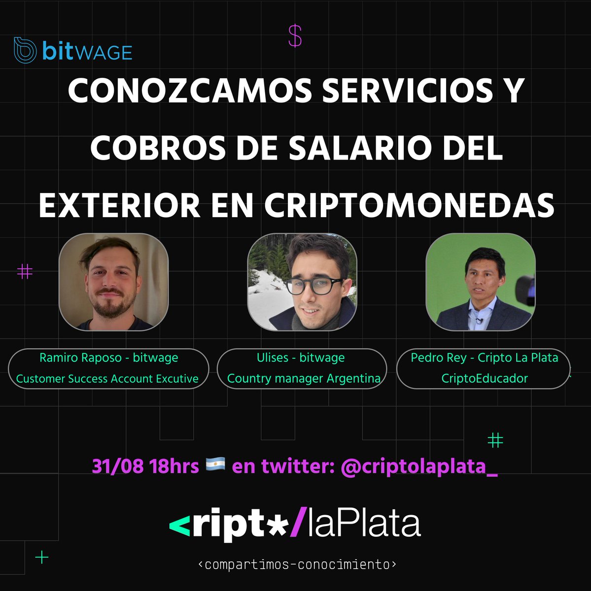 Te esperamos en este Space para conocer algunos servicios y casos de uso de #criptomonedas como el cobro de salarios del exterior. 
Invitados: @ulisesBitwage y <a href="/RamiroRaposo/">Ramiro Raposo</a> de <a href="/BitwageLatam/">Bitwage Latam</a> 
Host: <a href="/Year2000Jaime/">Jaime🟢⚪🟣</a> <a href="/criptopepe1/">Pedro Rey</a> 
📆Hoy Miércoles a las 18hrs
👇